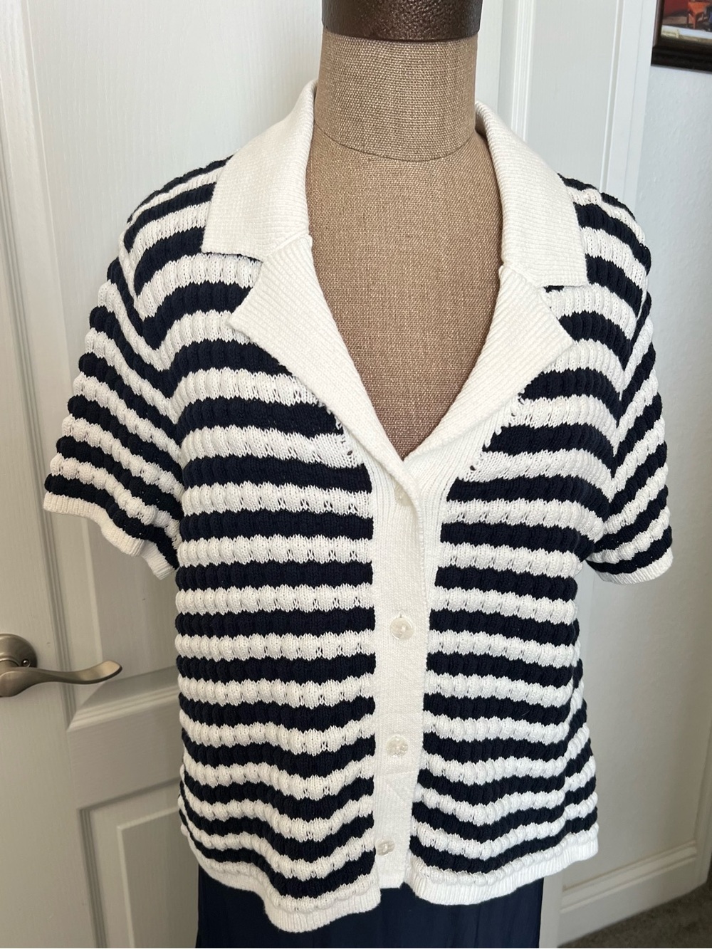 Striped Short-Sleeve Knit Cardigan Sweater - Navy & White